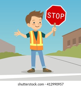 Vector Hand Drawn Character Cartoon Illustration Of A Smiling Boy In Crossing Guard Uniform Standing On Urban Street With Stop Sign In Hand. School Safety Patrol, Safe Street Crossing For Children. 