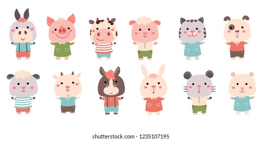 Vector Hand drawn characters: goat, pig, cow, sheep, cat, dog, mouse, rabbit, hamster, donkey. For cards, invitations, baby clothes, posters and prints