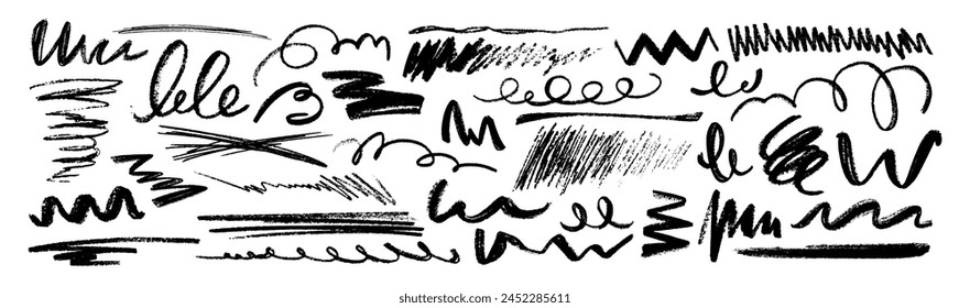 Vector hand drawn charcoal pencil squiggles, rough brush strokes, scribbles, bold zigzag line and swirls. Crayon doodle wavy strip, chalk smears, curly underlines. Black coal scratch or squiggly lines