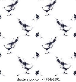 Vector hand drawn charcoal seamless pattern with chickens. Farm animal theme. Black and white chicken pattern for textile, paper, book, game, cards, banner, web design.