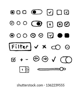 Vector hand drawn check boxes, radio buttons, switch buttons, scroller, arrows