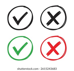 Vector Hand Drawn Check And Cross In Circle Icon Set