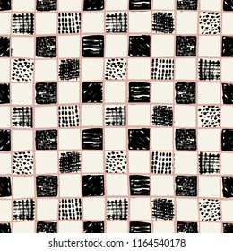 Vector Hand Drawn Checkers Pattern With Doodle Squares. Perfect For Fabric, Apparel And Accessories, Home Decor, Stationery, Packaging, Gift Wrap