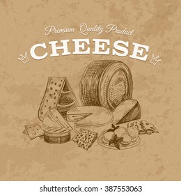 Vector hand drawn cheese background.Sketch vintage card. Milk products.Dairy vintage illustrations.