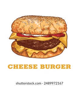 Vector hand drawn cheese burger. Ingredients are grouped separate and are tomatoes, onions, cheese sauce, meat, crispy bub.