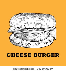 Vector hand drawn cheese burger. Ingredients are grouped separate and are tomatoes, onions, cheese sauce, meat, crispy bub. Black outline and white fill on orange background.