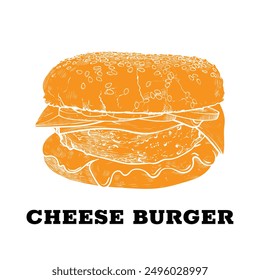 Vector hand drawn cheese burger. Ingredients are tomatoes, onions, cheese sauce, meat, crispy bub. The vector is one united shape.