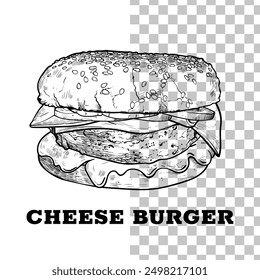 Vector hand drawn cheese burger. Ingredients are tomatoes, onions, cheese sauce, meat, crispy bub. Black outline, no fill, with fine details. 