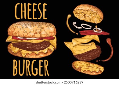 Vector hand drawn cheese burger. Ingredients are grouped separate and are tomatoes, onions, cheese sauce, meat, crispy bub. Flying separate ingredients.