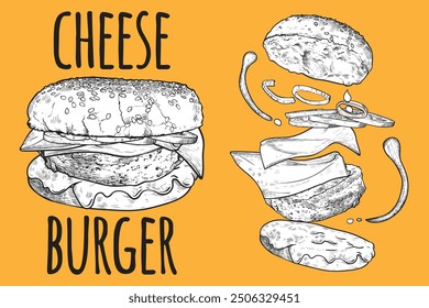 Vector hand drawn cheese burger. Ingredients are grouped separate and are tomatoes, onions, cheese sauce, meat, crispy bub.