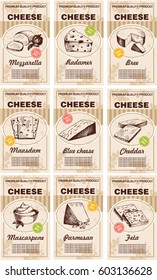 Vector hand drawn cheese posters set. Sketch cards. Milk products vertical banners with different sorts of cheese bio natural food.  Dairy vintage illustrations. 