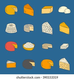 Vector hand drawn cheese types objects. 