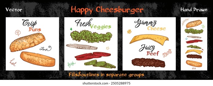 Vector hand drawn cheeseburger with ingredients drawn separately. Crispy bun, fresh lettuce, tomato, onion, cucumber, yummy cheese, juicy beef. Food assets easy to edit. Outline and fill separate.