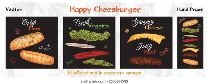 Vector hand drawn cheeseburger with ingredients drawn separately. Crispy bun, fresh lettuce, tomato, onion, cucumber, yummy cheese, juicy beef. Food assets easy to edit. Outline and fill separate.