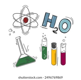 Vector hand drawn chemistry color icons set. School lesson. Science collection. Cartoon style signs. Editable outline. Many flasks, bubbling reagent. Water formula. Atomic structure. Education concept