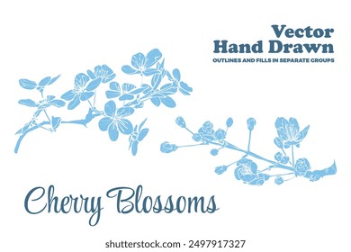 Vector hand drawn cherry blossoms. FLAT FILLS ONLY, NO OUTLINES! Each vector is one united shape. Elegant cherry blossoms for print and online design projects. 