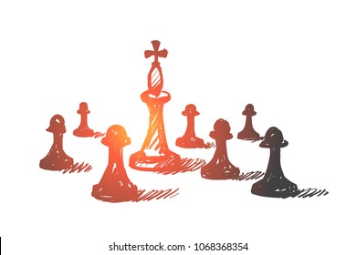 Vector hand drawn chess concept sketch. Chess king between many pawns on chessboard.