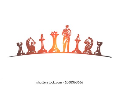 Vector hand drawn chess concept sketch. Man standing on chessboard between different chessmen and thinking.