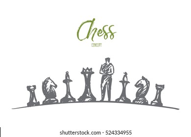 Vector hand drawn chess concept sketch. Man standing on chessboard between different chessmen and thinking. Lettering Chess concept