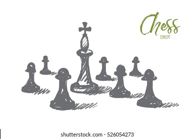 Vector hand drawn chess concept sketch. Chess king between many pawns on chessboard. Lettering Chess concept