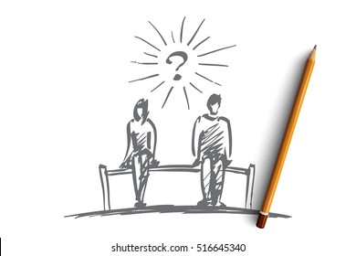 Vector hand drawn chess couple question concept sketch with pencil over it. Man and woman sitting on bench with space between them