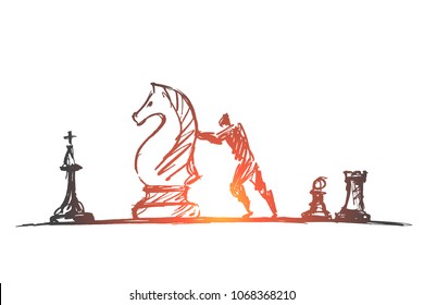 Vector hand drawn chess people concept sketch with pencil over it. Man trying to move huge chess knight