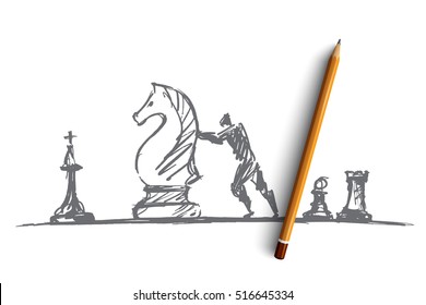 Vector hand drawn chess people concept sketch with pencil over it. Man trying to move huge chess knight