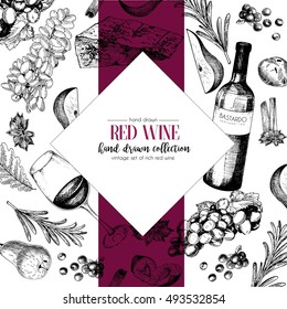 Vector hand drawn chevron template illustration of wine and appetizers. Bottle, glass, corksrew, cheese, fruits ans spices. Vintage engraved style art. For restaurant, menu, shop, market, sale. 