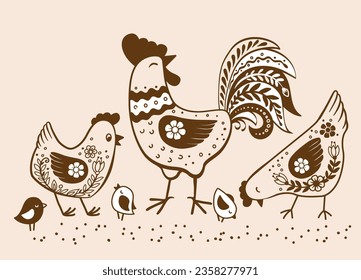 Vector hand drawn chicken family in retro style. Ornate doodle of domestic birds svg