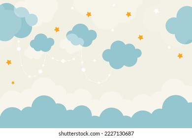 Vector hand drawn childish 3d wallpaper with clouds. Aerial white clouds, stars and dots. Lovely wallpaper for the kids room.