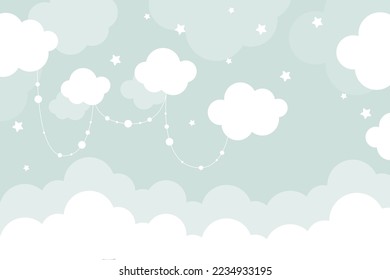Vector hand drawn childish 3d wallpaper with clouds. Aerial white clouds, stars and dots on a green background. Lovely wallpaper for the kids room.
