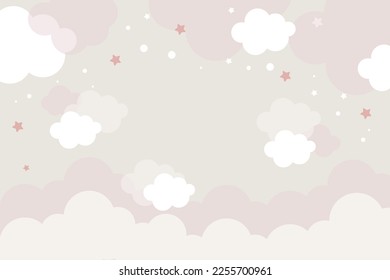 Vector hand drawn childish 3d wallpaper with clouds. Aerial white clouds, stars and dots on a pink background. Lovely wallpaper for the kids room.