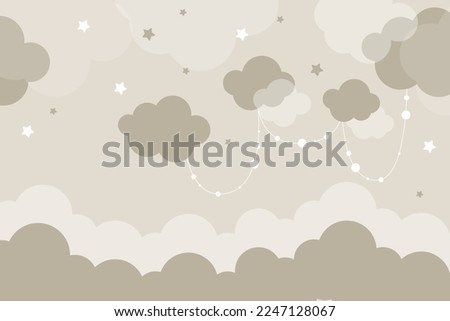 Vector hand drawn childish 3d wallpaper with clouds. Aerial clouds, stars and dots. Lovely wallpaper for the kids room.