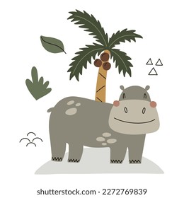Vector hand drawn childish illustration, poster, print with cute hippopotamus surrounded by tropical plants in scandinavian style isolated on white background. For children.