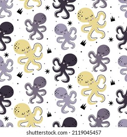 Vector hand drawn childish pattern with scandinavian style repeating flat pattern on white background. Pattern with cute colorful octopuses.Childish vector illustration with sea inhabitants.