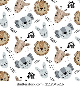 Vector hand drawn childish pattern with scandinavian style repeating flat pattern on white background. Pattern with cute muzzles of a lion, giraffe, hare, koala. Baby vector illustration.