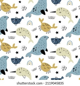 Vector hand drawn childish pattern with scandinavian style repeating flat pattern isolated on white background. Pattern with cute crabs, seals, fish, narwhal. Illustration with sea inhabitants.