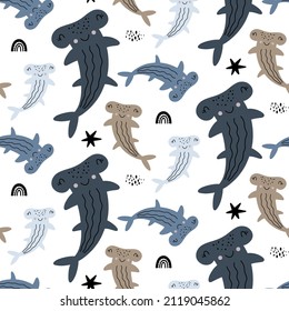 Vector hand drawn childish pattern with scandinavian style repeating flat pattern on white background. Pattern with cute sharks. Children's vector illustration with sea inhabitants.