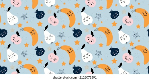 Vector hand drawn childish pattern with scandinavian style repeating flat pattern with cute fruits on blue background. Seamless pattern with banana, pomegranate, apple, pear. Design for fabric.