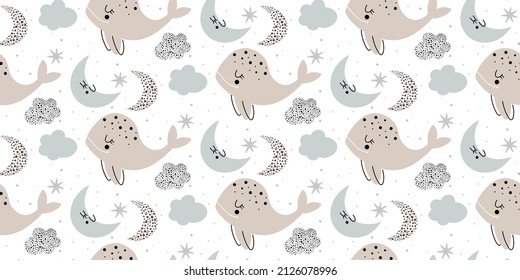 Vector hand drawn childish pattern with scandinavian style repeating flat pattern with cute whales, moon, clouds on white background. Wallpaper design for children's room. Fabric design.
