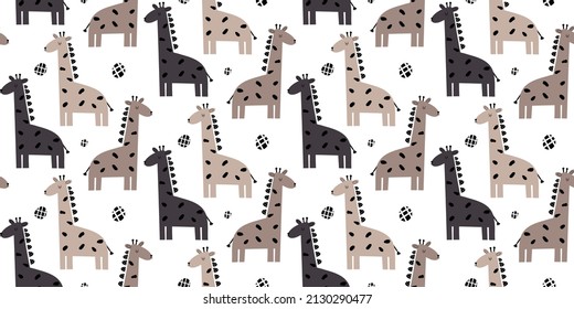 Vector hand drawn childish pattern with scandinavian style repeating flat pattern on white background. Pattern with cute colorful giraffes. Baby vector illustration.