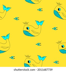 Vektor handgezeichnet kindisch nahtloses Muster mit süßem Lächeln Wal, einfache flache Illustration, Druck für Kinder, Babymode, Textilien, Innenausstattung, Tapete, Dekoration, Meeressäuger auf orangefarbenem Hintergrund.