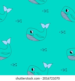 Vector hand drawn childish seamless pattern with cute smiling whale,simple flat illustration,print for kids,baby fashion,textile,interior design,wallpaper,decoration,turquoise background.