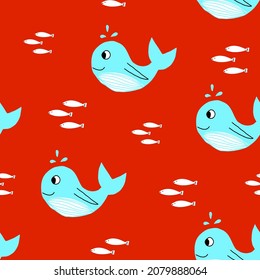 Patrón sin costuras infantil dibujado a mano con vectores con ballena sonriente lindo, ilustración plana simple, impresión para niños, moda para bebés, textil, diseño interior, papel pintado, decoración, mamífero oceánico sobre fondo rojo.