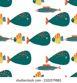 Vector hand drawn childish seamless repeating simple flat pattern with fish on white background. Childish texture for fabric, wallpaper, textile, apparel. Sea. Ocean. Fishes pattern. Aquarium