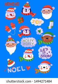 Vector hand drawn childish set of Christmas characters such as: snowman, Santa, bear, polar bear, penguins in hats and scarfs. Cute stickers with lettering for holiday souvenirs, invitations, gifts