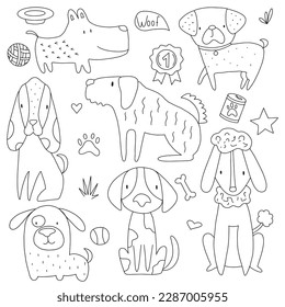 Vector hand drawn childish simple set with cute dogs, bones and paws in doodle style on white background. Set with dogs for children. Dog print. Cute baby animals.