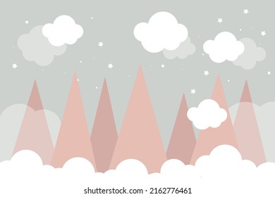 Vector hand drawn childish wallpaper with mountains, clouds and stars. Modern design for a children's room. Scandinavian style.