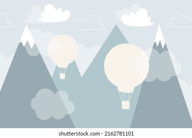 Vector hand drawn childish wallpaper with mountains, balloons and clouds. Modern 3D wallpaper for the children's room.