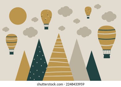 Vector hand drawn childish wallpaper with mountains, balloons and clouds. Modern 3D wallpaper for the children's room.